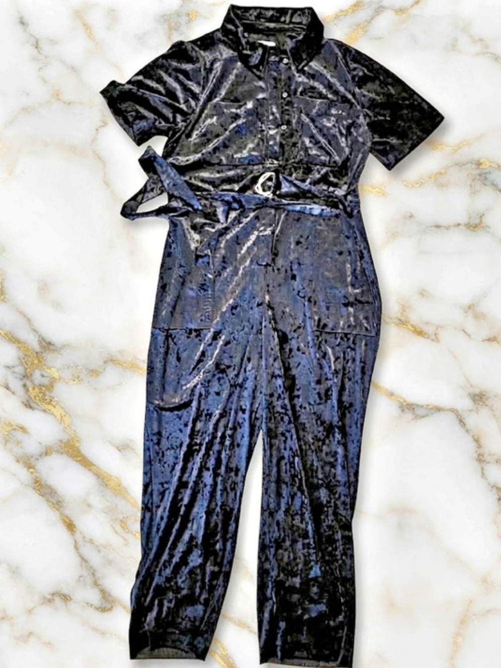 ON. 34TH Trendy Plus Velvet Belted Short-Sleeve Jumpsuit Black XL